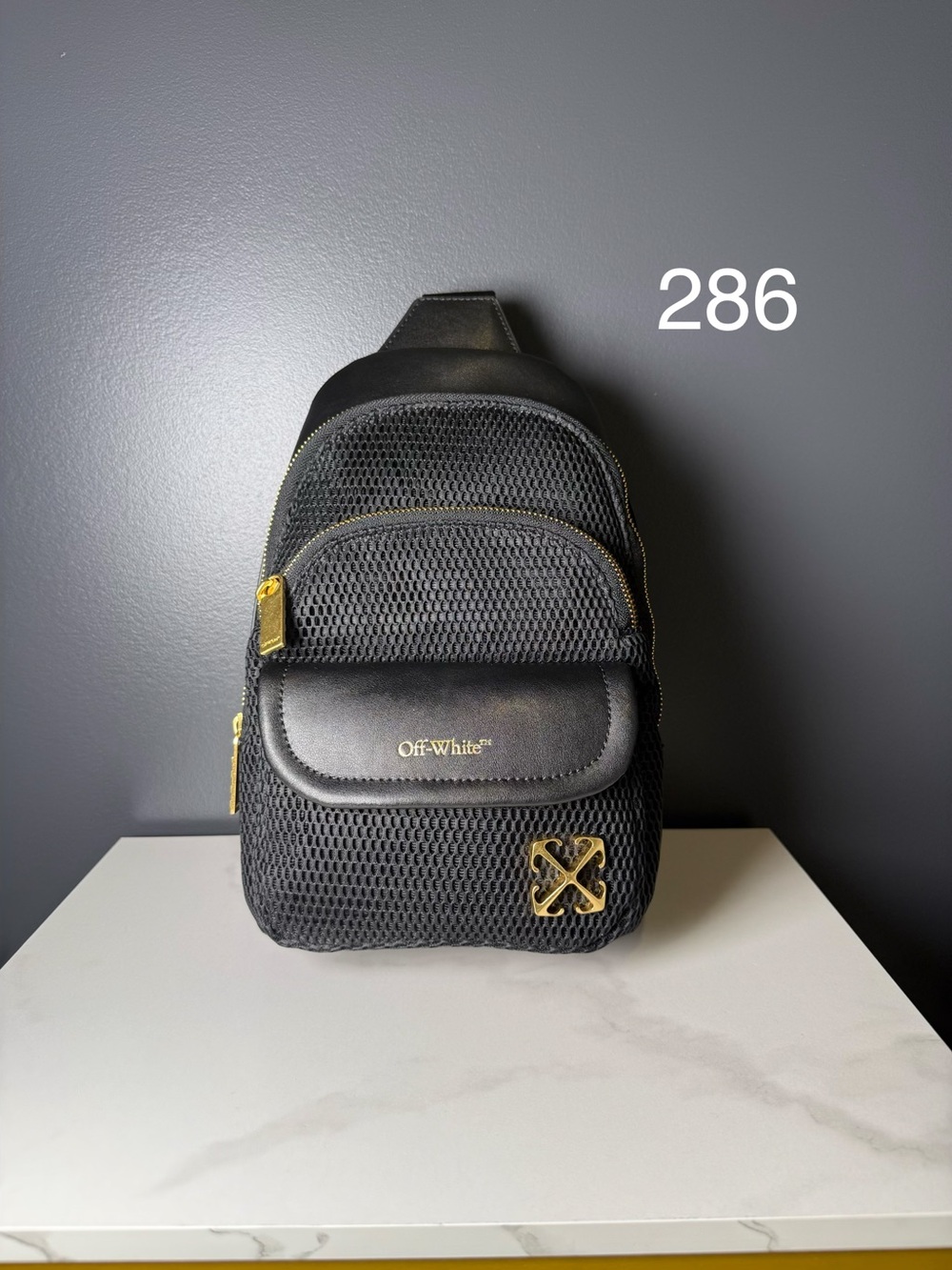 Off-White Black Mesh Mini Sling Bag with Gold Accents